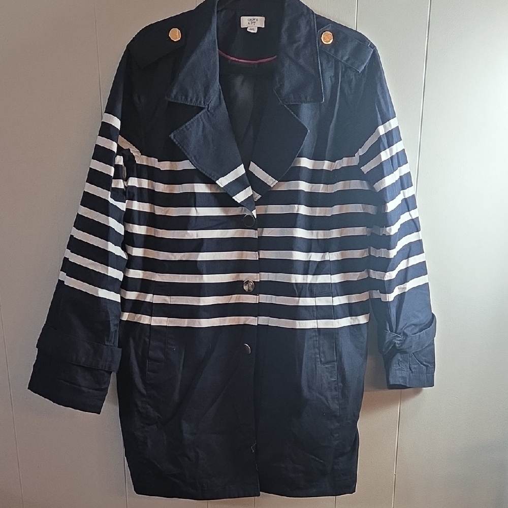 Crown & Ivy Navy and White Striped Trench Coat